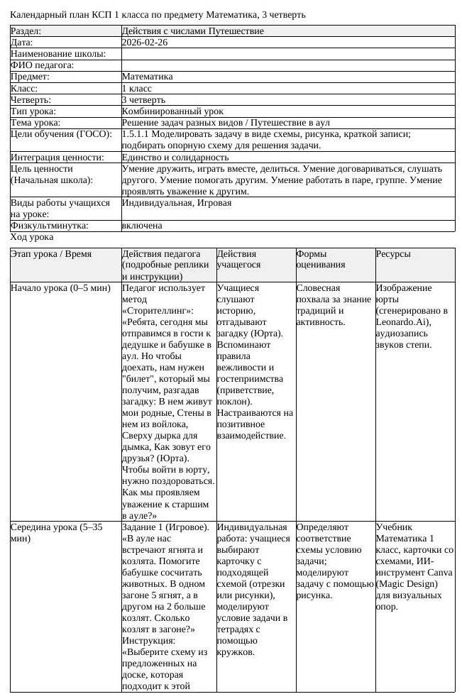 КСП Математика 1 класс 3 четверть Решение задач разных видов Путешествие