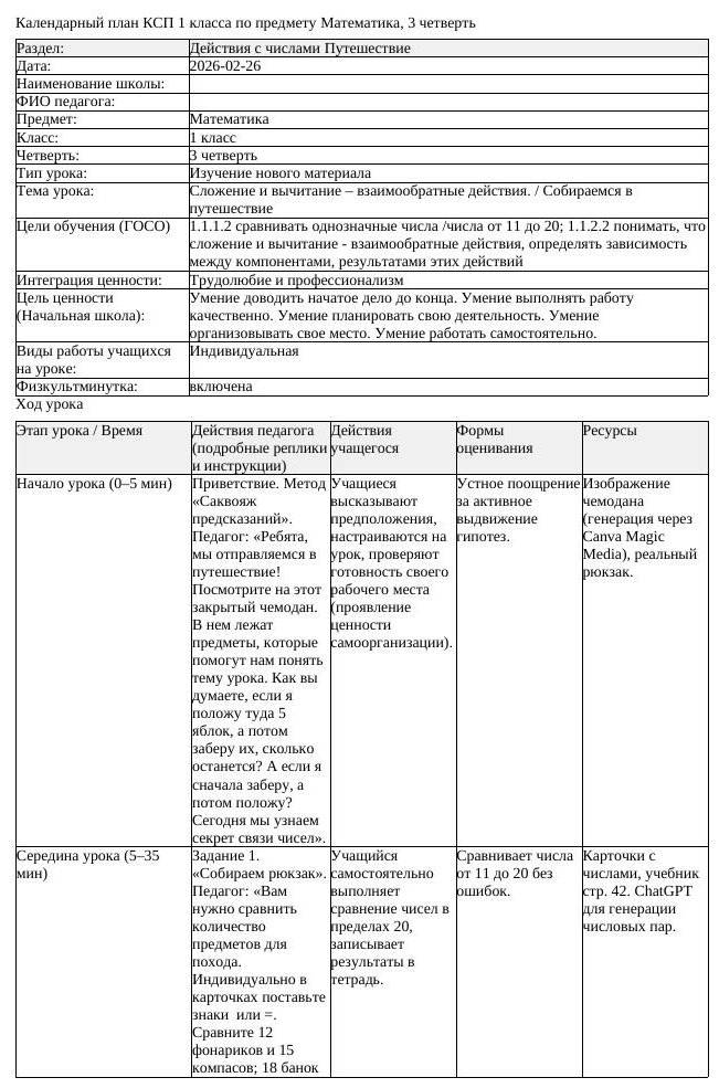 КСП Математика 1 класс 3 четверть Сложение и вычитание взаимообратные
