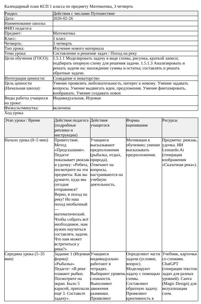 КСП Математика 1 класс 3 четверть Составление и решение задач Поход