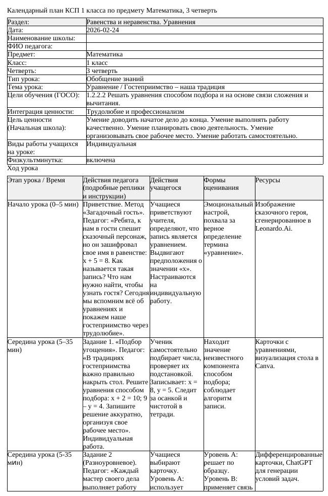 КСП Математика 1 класс 3 четверть Уравнение Гостеприимство наша традиция