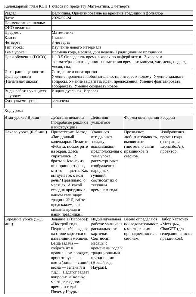 КСП Математика 1 класс 3 четверть Времена года месяцы дни недели