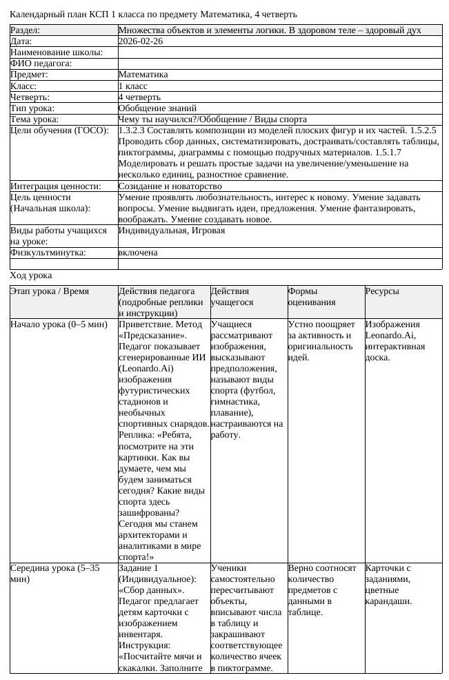 КСП Математика 1 класс 4 четверть Чему ты научилсяОбобщение Виды