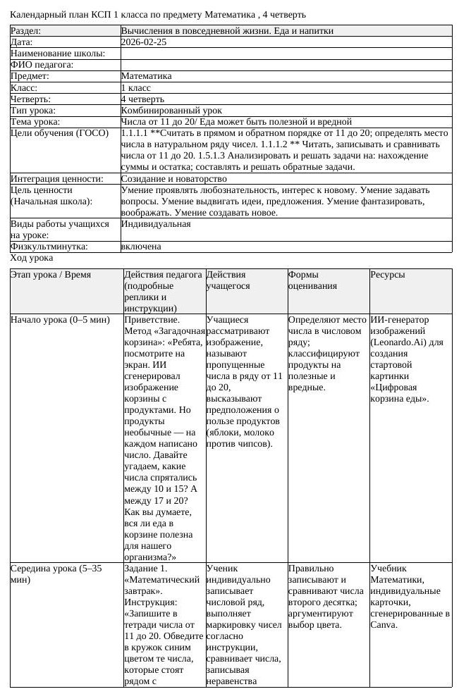 КСП Математика 1 класс 4 четверть Числа от 11 до 20 Еда может быть