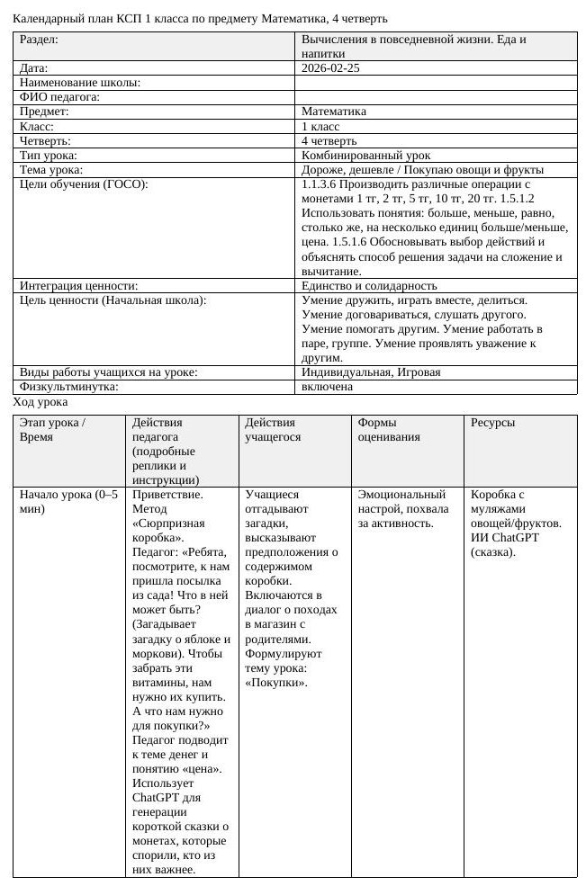 КСП Математика 1 класс 4 четверть Дороже дешевле Покупаю овощи и