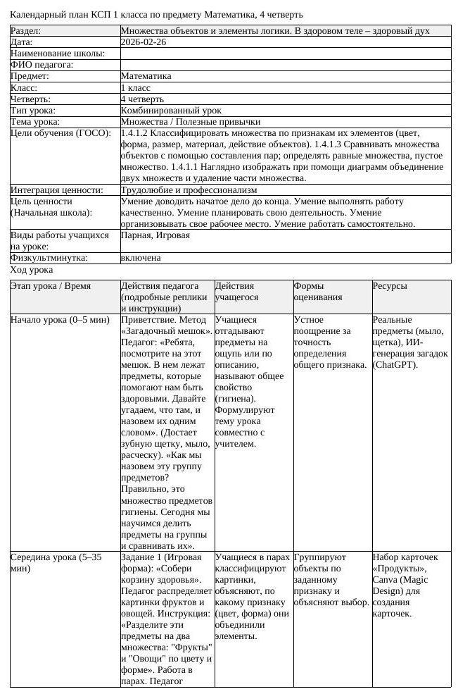КСП Математика 1 класс 4 четверть Множества Полезные привычки