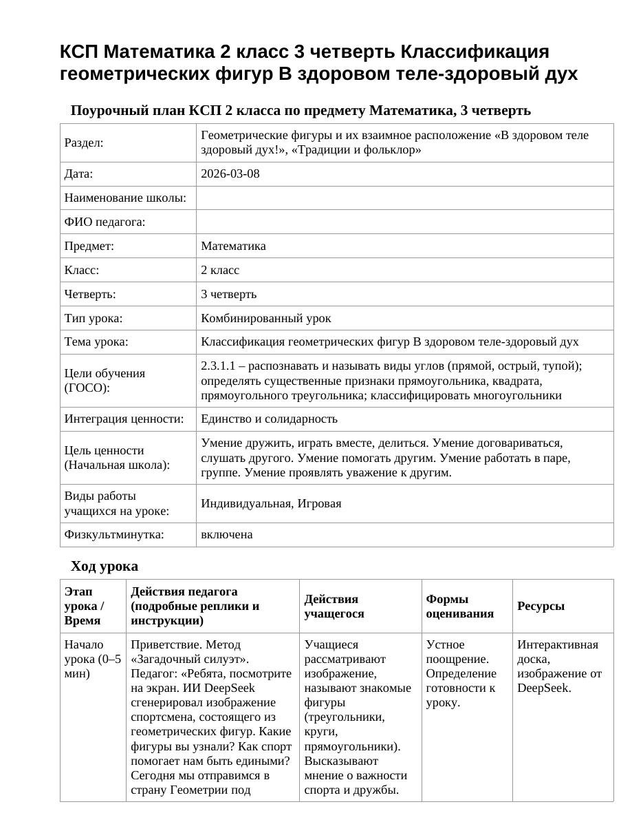КСП Математика 2 класс 3 четверть Классификация геометрических фигур В здоровом теле-здоровый дух