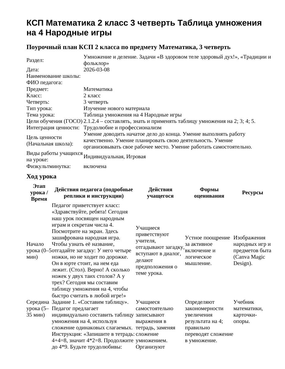 КСП Математика 2 класс 3 четверть Таблица умножения на 4 Народные игры