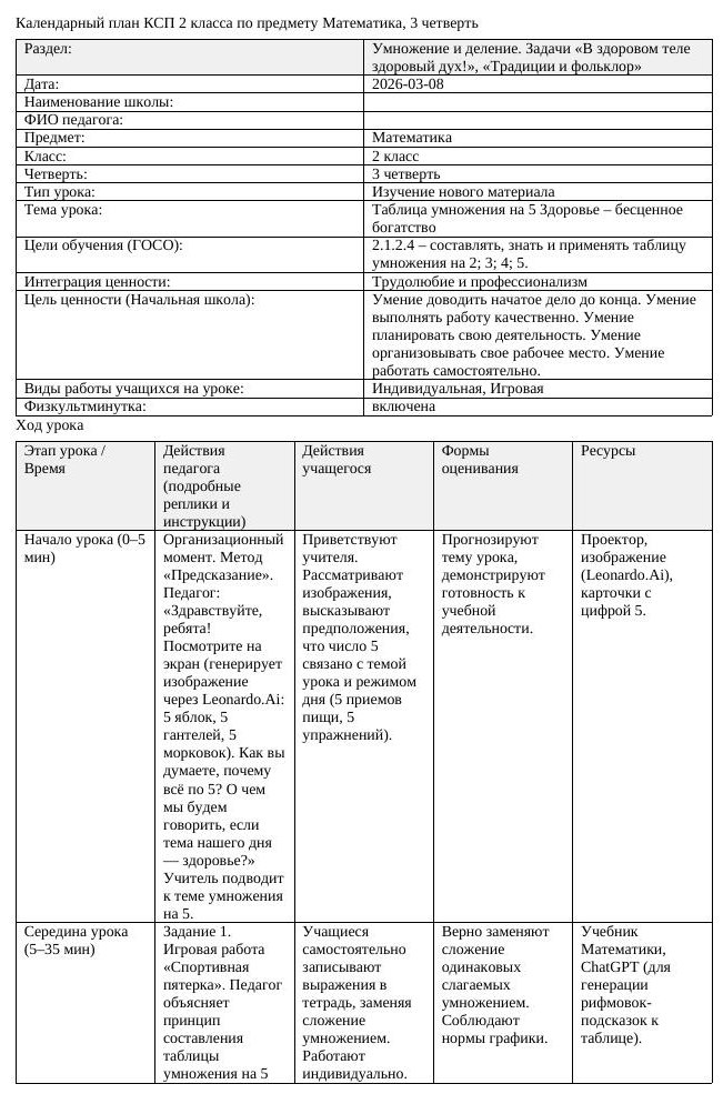 КСП Математика 2 класс 3 четверть Таблица умножения на 5 Здоровье