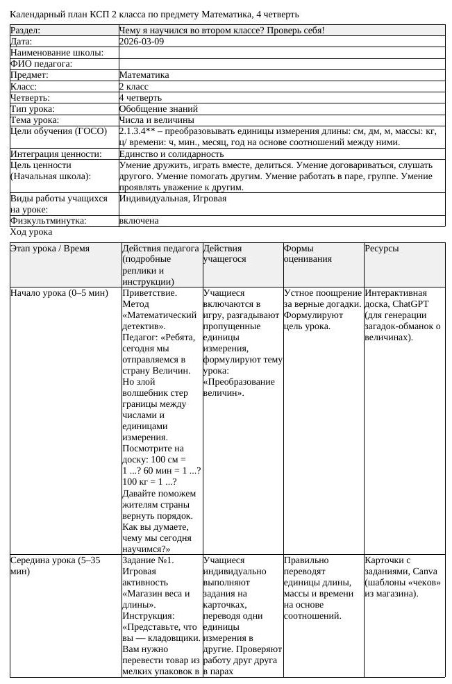 КСП Математика 2 класс 4 четверть Числа и величины docx