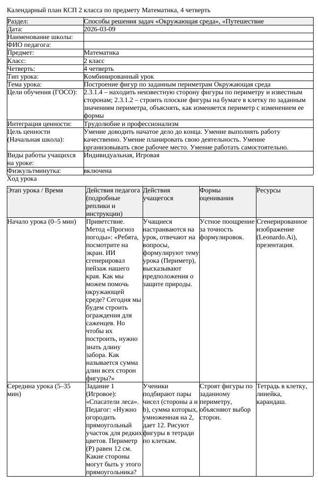 КСП Математика 2 класс 4 четверть Построение фигур по заданным периметрам