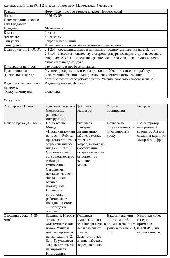 КСП Математика 2 класс 4 четверть Повторение и закрепление изученного (урок 2)