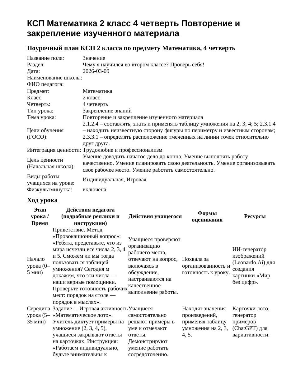КСП Математика 2 класс 4 четверть Повторение и закрепление изученного материала