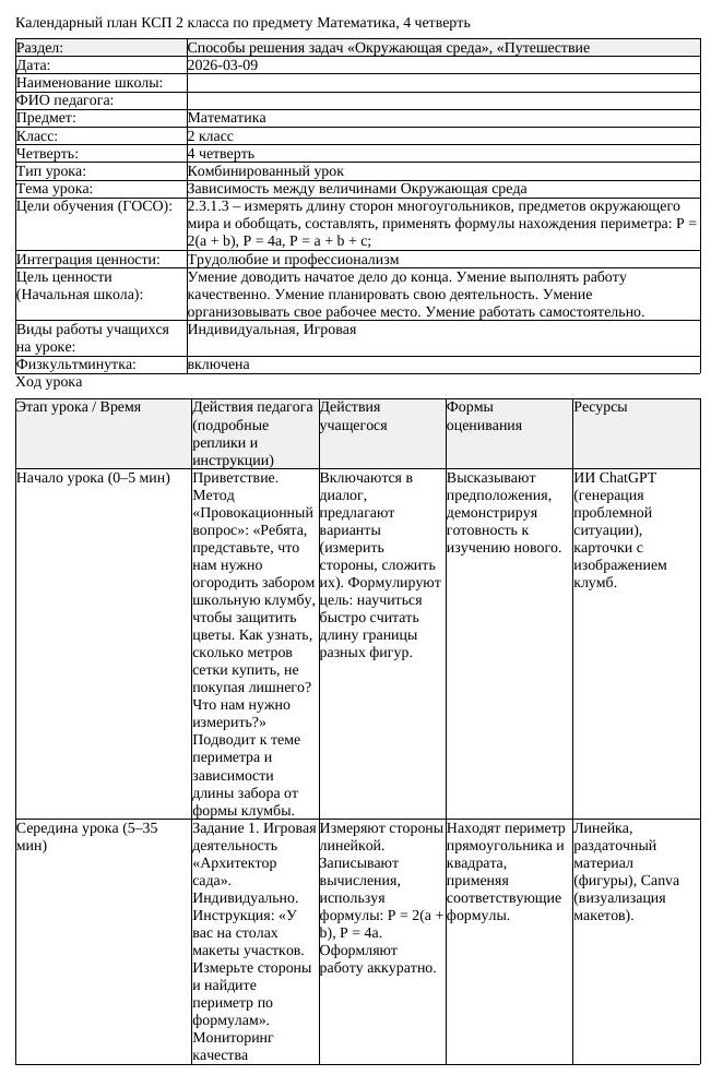 КСП Математика 2 класс 4 четверть Зависимость между величинами Окружающая