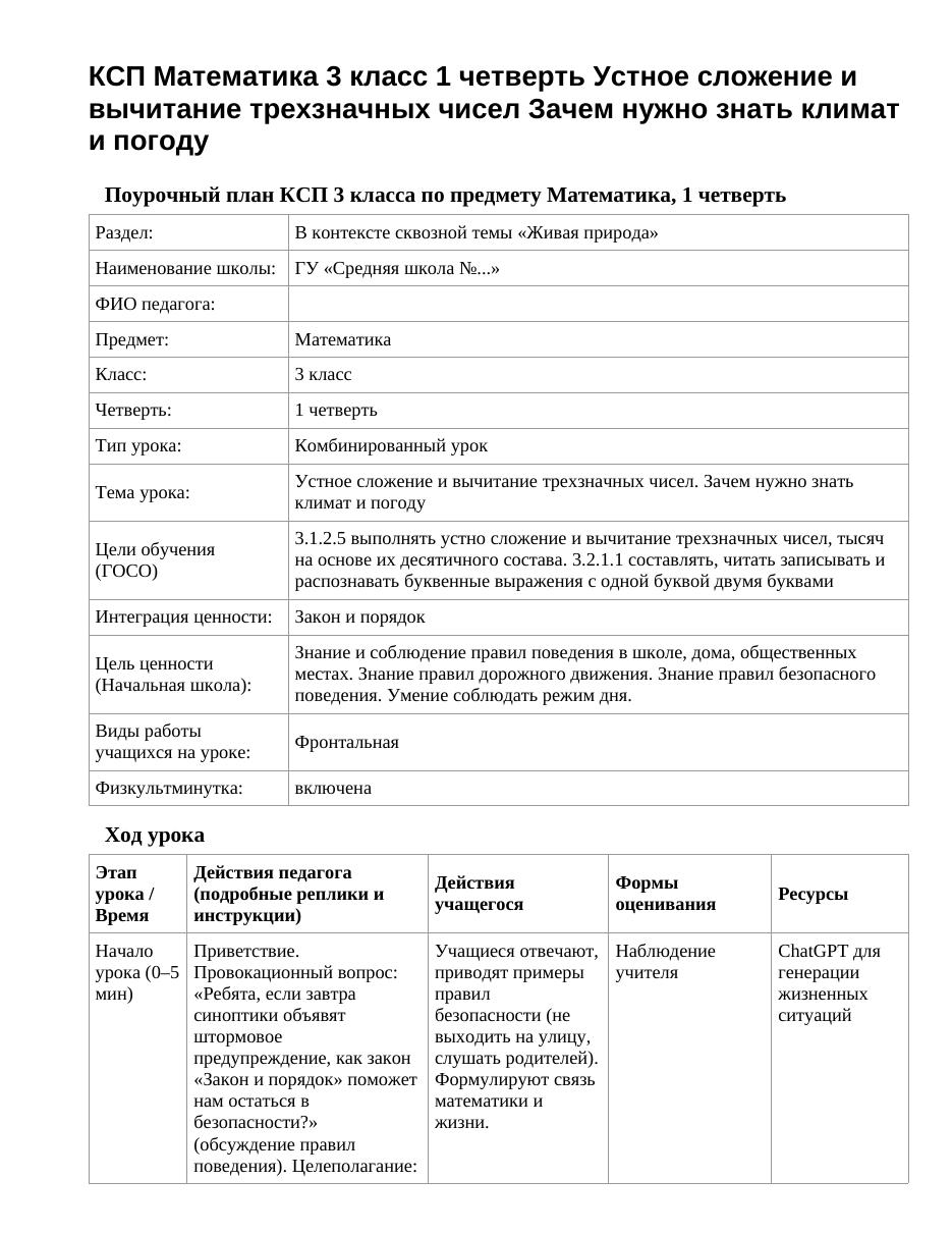 КСП Математика 3 класс 1 четверть Устное сложение и вычитание трехзначных чисел Зачем нужно знать климат и погоду