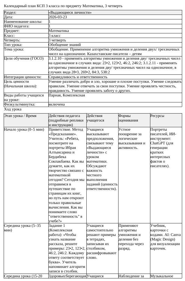 КСП Математика 3 класс 3 четверть Обобщение Применение алгоритма (урок 2)