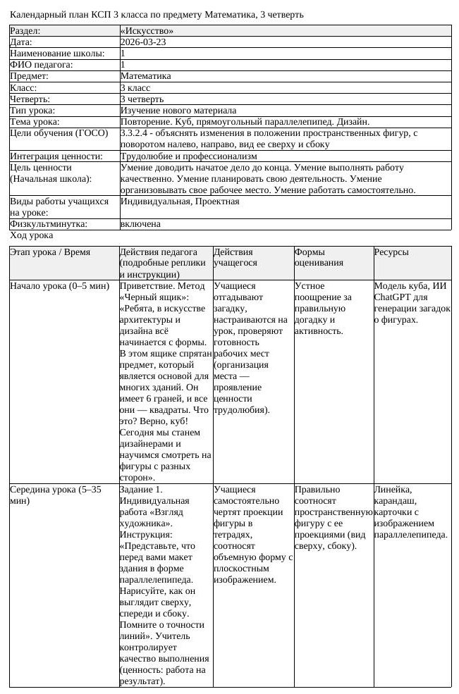КСП Математика 3 класс 3 четверть Повторение Куб прямоугольный параллелепипе (урок 1)
