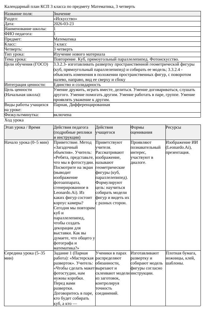 КСП Математика 3 класс 3 четверть Повторение Куб прямоугольный параллелепипе (урок 2)
