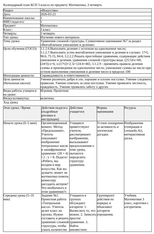 КСП Математика 3 класс 3 четверть Уравнения сложной структуры Суммативное