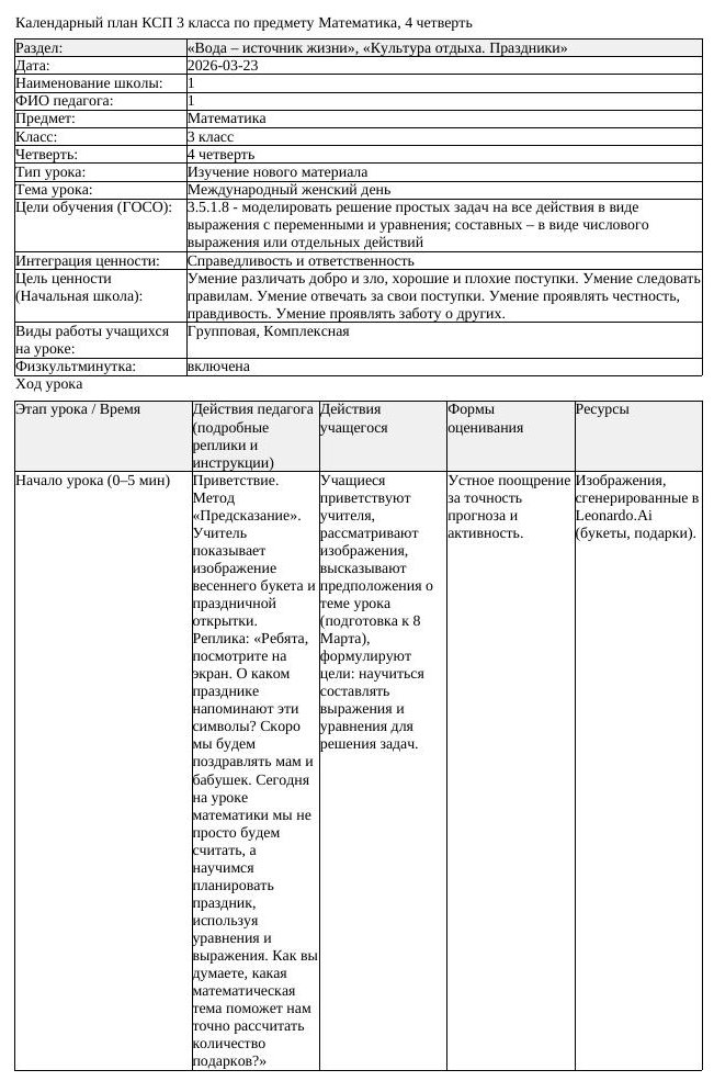 КСП Математика 3 класс 4 четверть Международный женский день