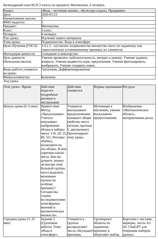 КСП Математика 3 класс 4 четверть Подмножество Вода в атмосфере