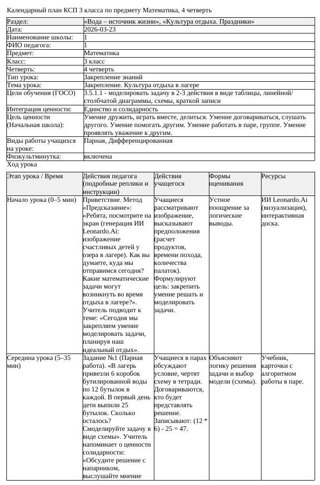 КСП Математика 3 класс 4 четверть Закрепление Культура отдыха в лагере
