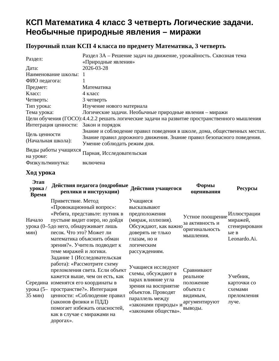 КСП Математика 4 класс 3 четверть Логические задачи. Необычные природные явления – миражи