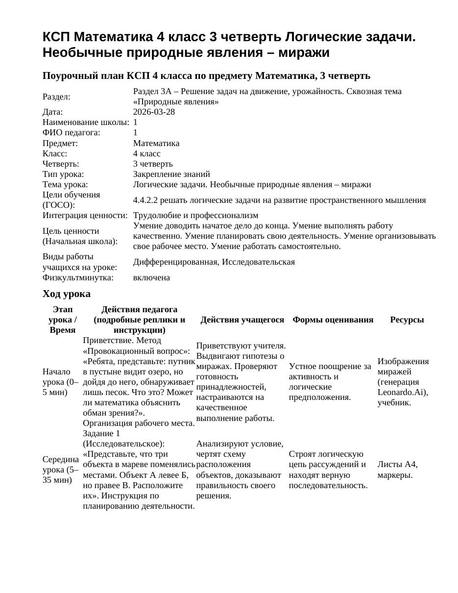 КСП Математика 4 класс 3 четверть Логические задачи. Необычные природные явления – миражи