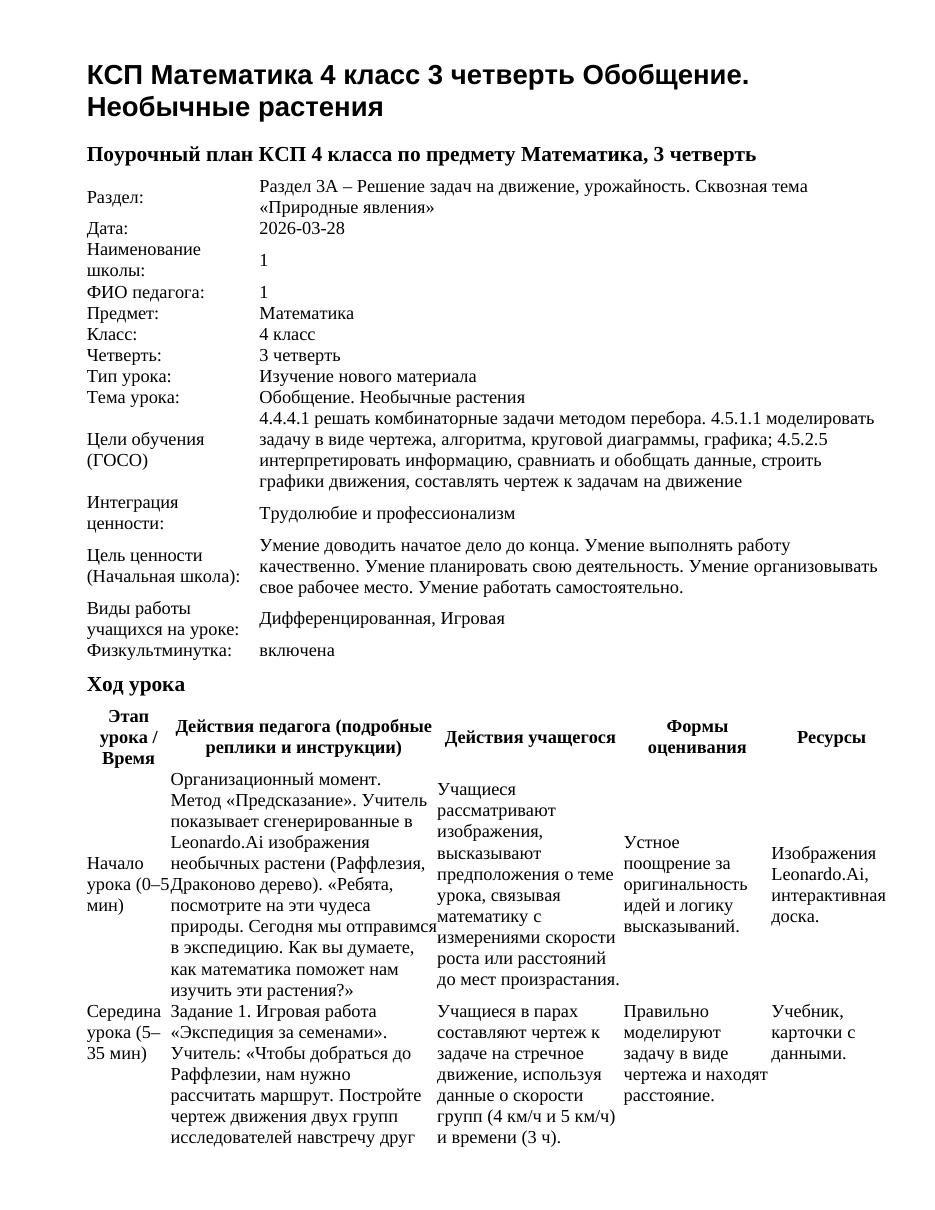 КСП Математика 4 класс 3 четверть Обобщение. Необычные растения