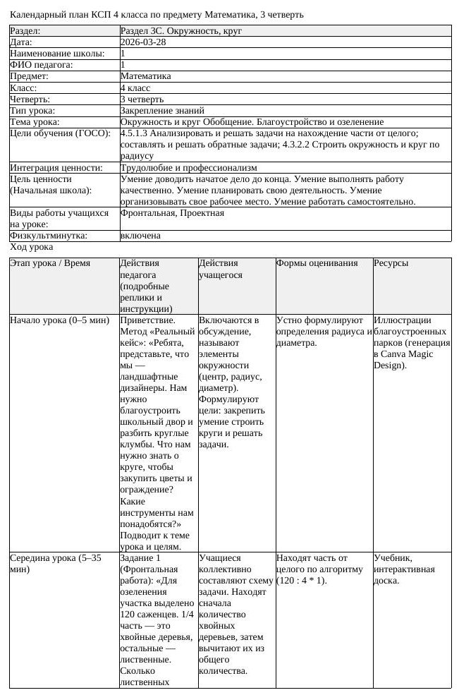 КСП Математика 4 класс 3 четверть Окружность и круг Обобщение Благоустройств