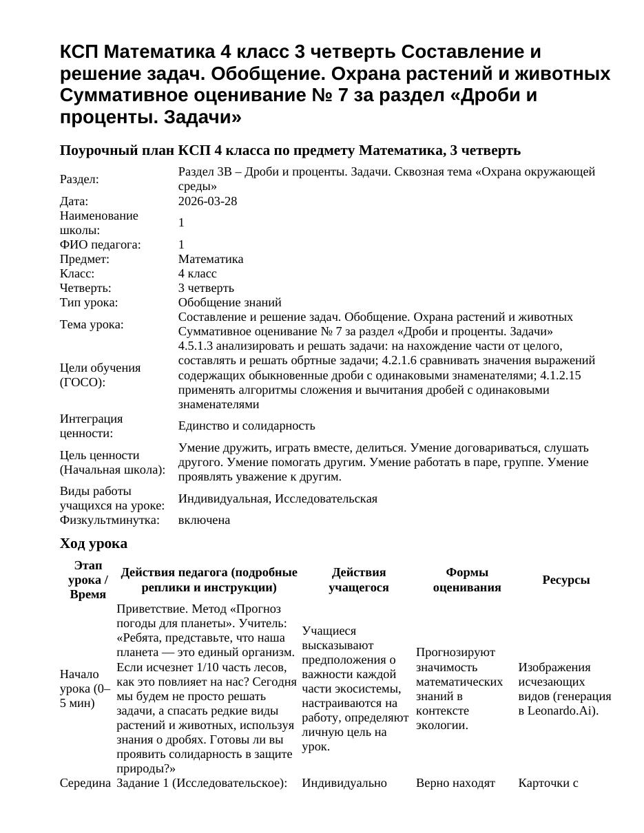 КСП Математика 4 класс 3 четверть Составление и решение задач. Обобщение. Охрана растений и животных Суммативное оценивание № 7 за раздел «Дроби и проценты. Задачи»