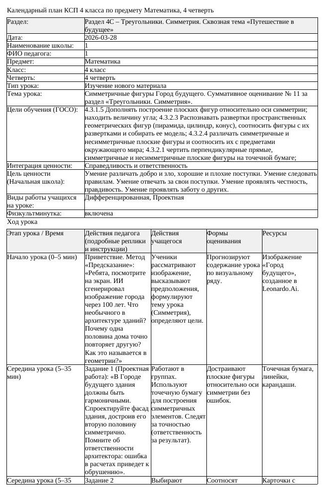 КСП Математика 4 класс 4 четверть Симметричные фигуры Город будущего