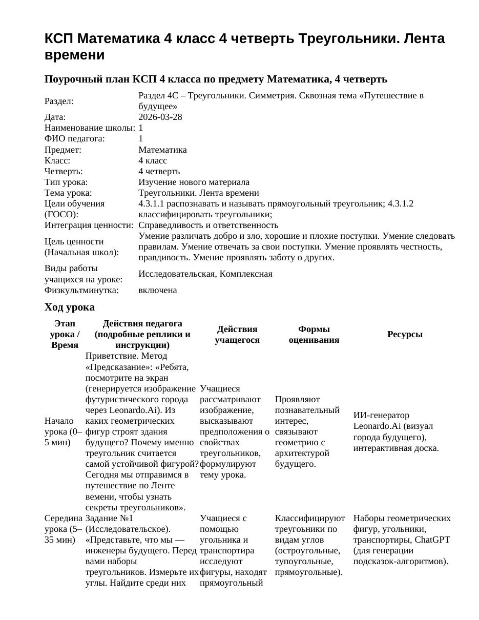 КСП Математика 4 класс 4 четверть Треугольники. Лента времени