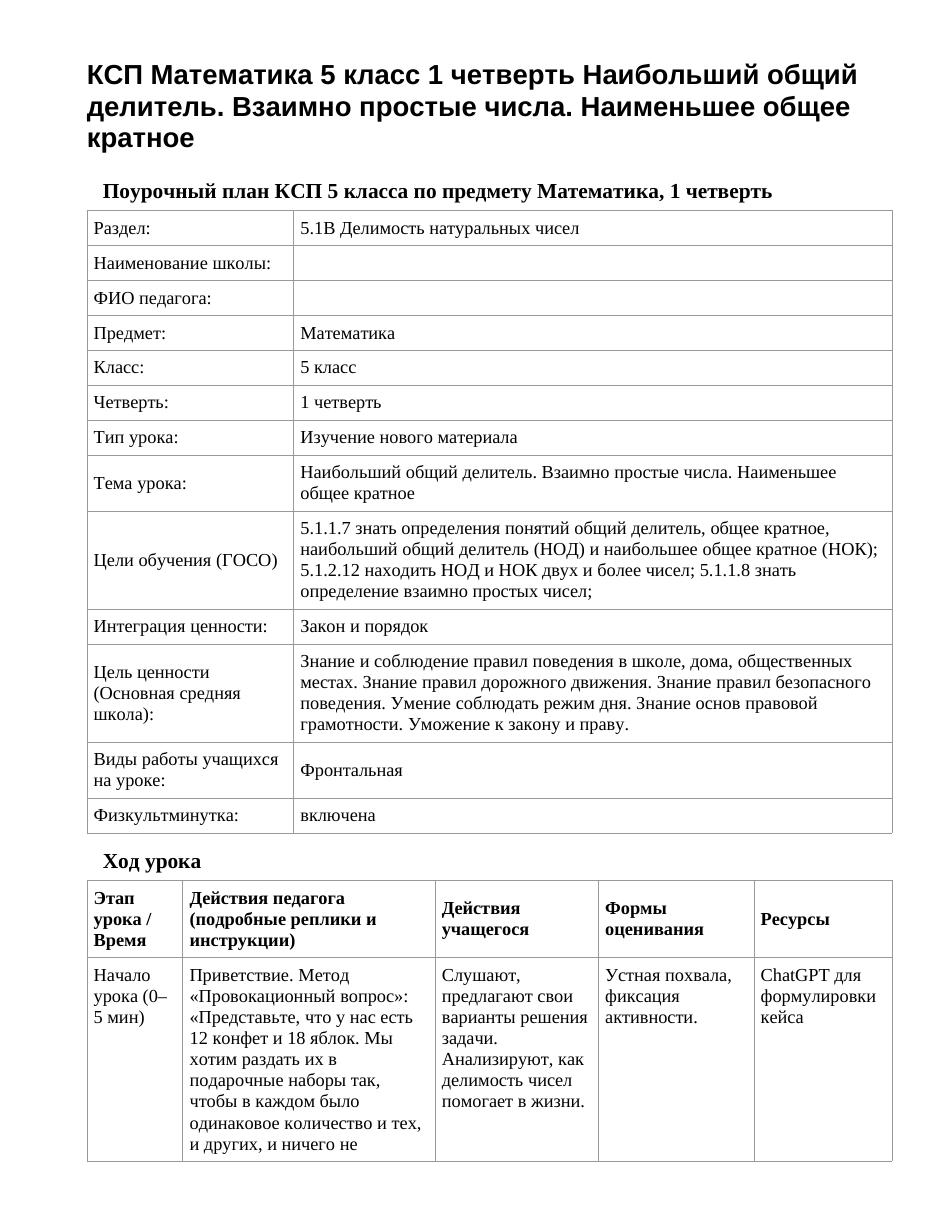 КСП Математика 5 класс 1 четверть Наибольший общий делитель. Взаимно простые числа. Наименьшее общее кратное