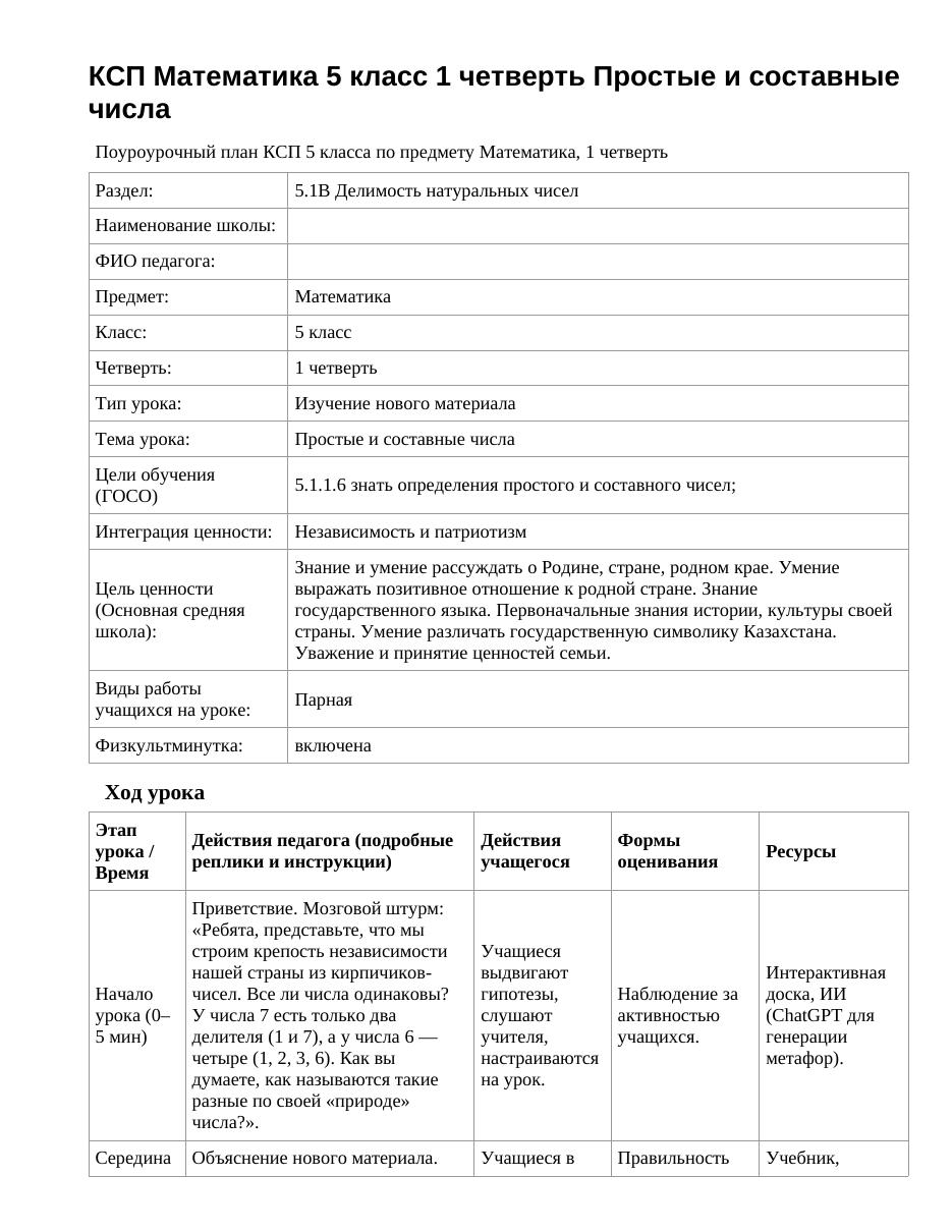 КСП Математика 5 класс 1 четверть Простые и составные числа