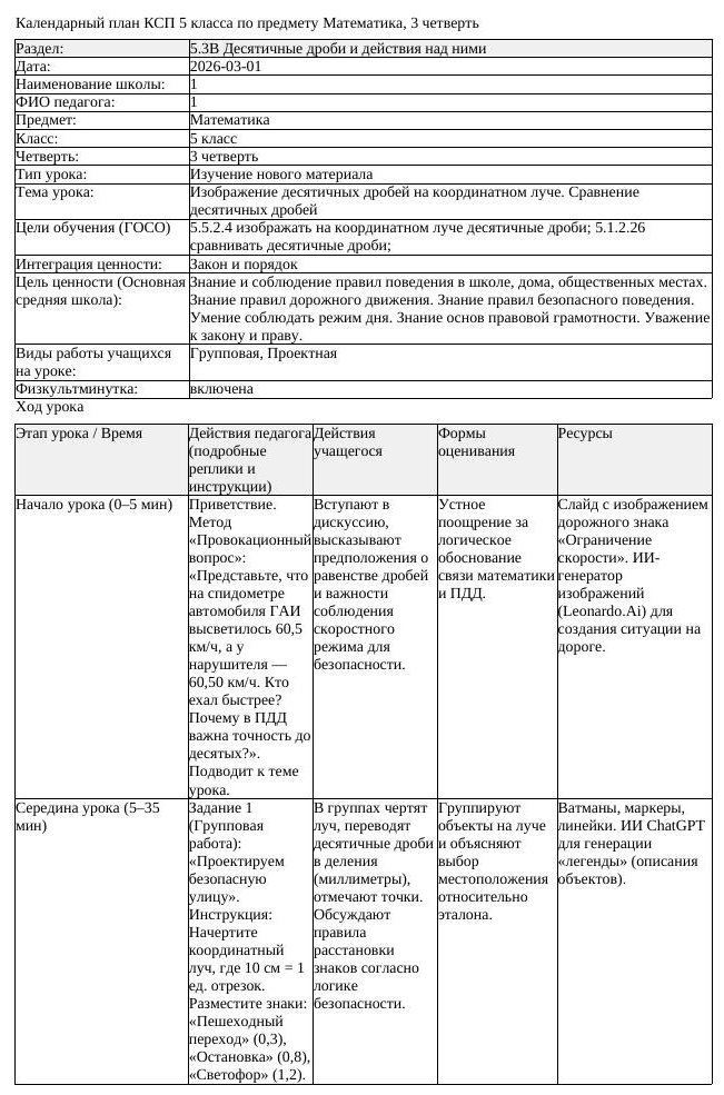 КСП Математика 5 класс 3 четверть Изображение десятичных дробей на