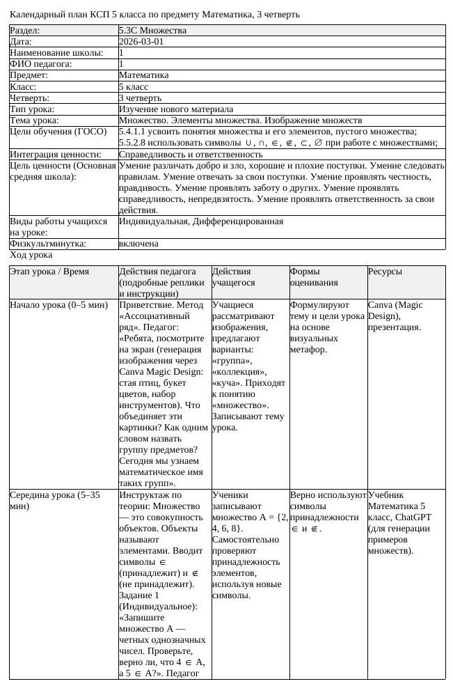 КСП Математика 5 класс 3 четверть Множество Элементы множества Изображение