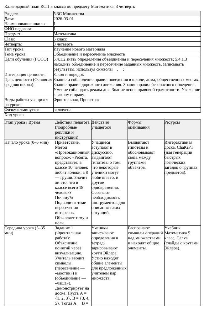 КСП Математика 5 класс 3 четверть Объединение и пересечение множеств