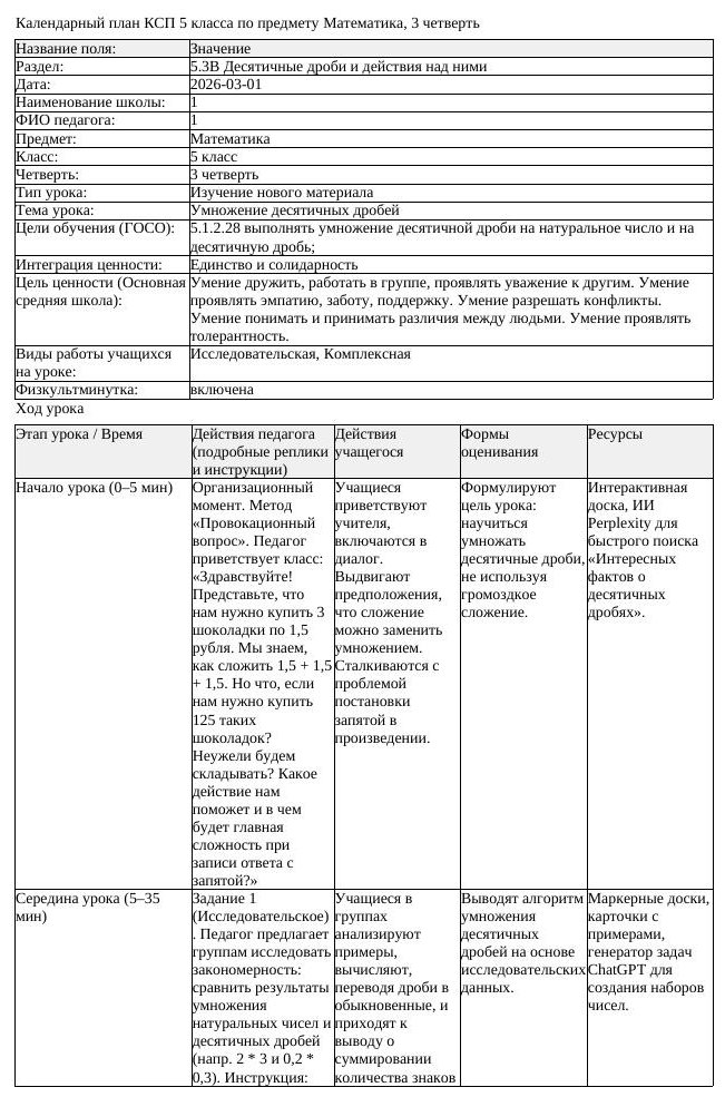 КСП Математика 5 класс 3 четверть Умножение десятичных дробей (урок 1)