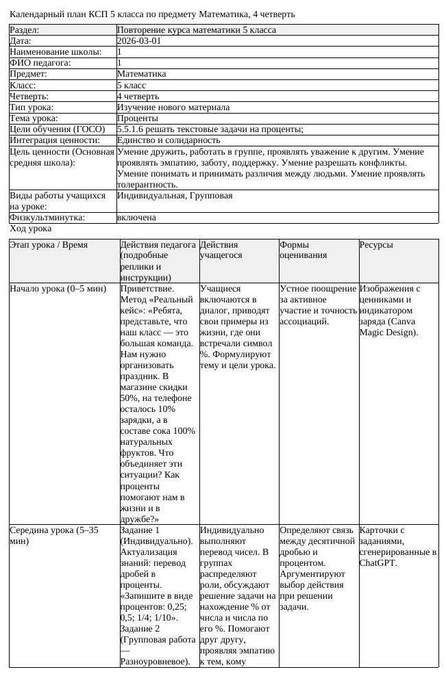 КСП Математика 5 класс 4 четверть Проценты docx (урок 1)
