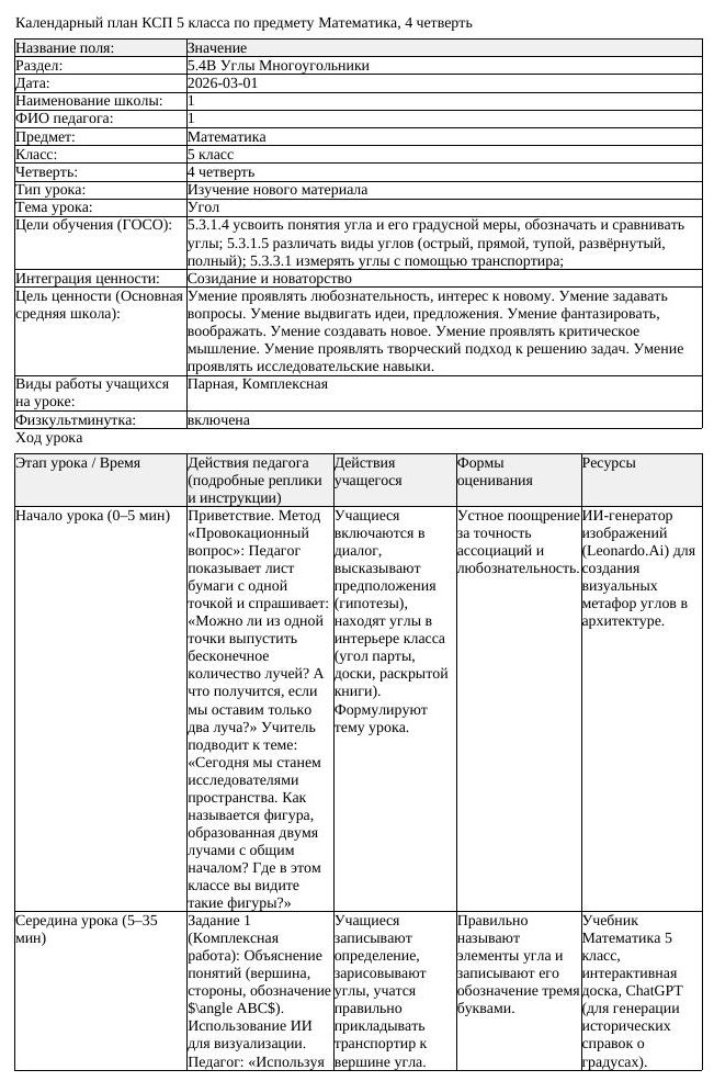 КСП Математика 5 класс 4 четверть Угол docx (урок 1)
