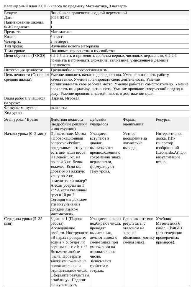 КСП Математика 6 класс 3 четверть Числовые неравенства и их свойства (урок 1)