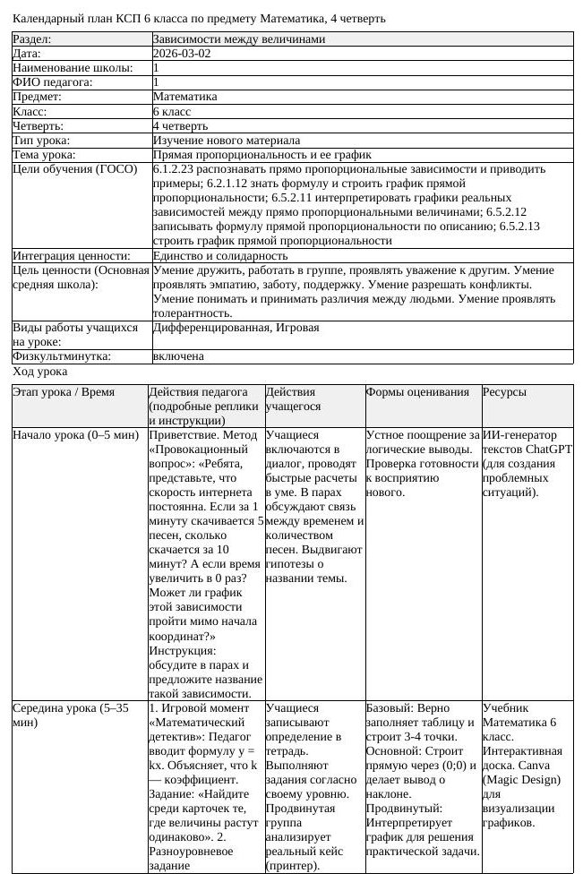 КСП Математика 6 класс 4 четверть Прямая пропорциональность и ее (урок 1)