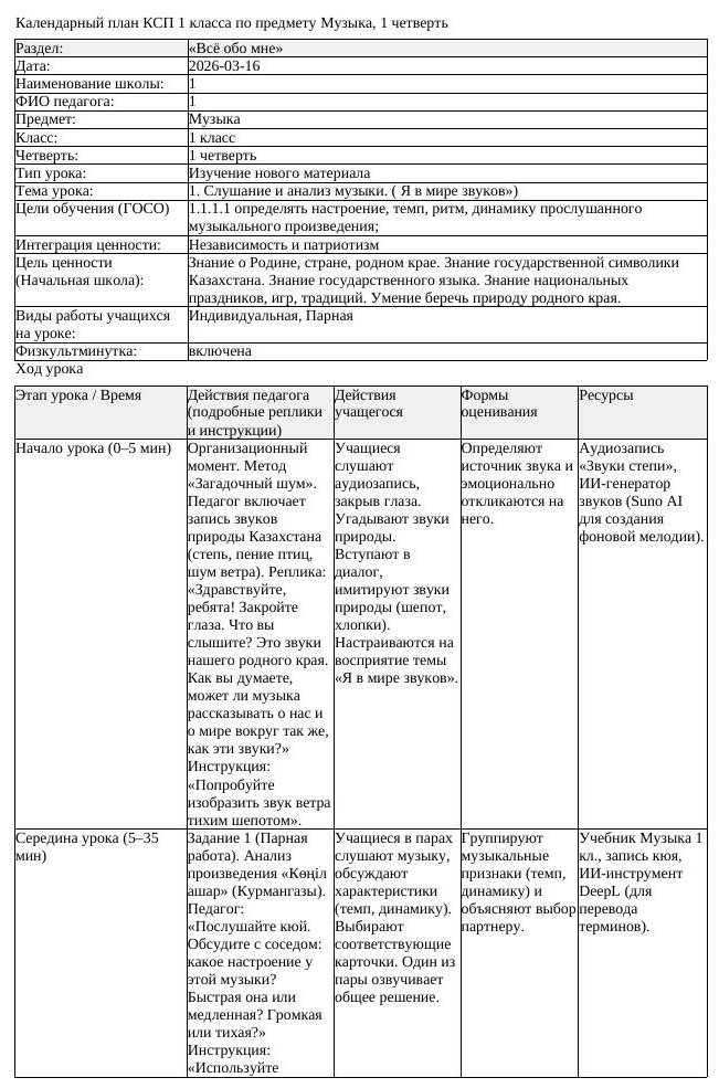 КСП Музыка 1 класс 1 четверть 1 Слушание и анализ музыки Я в мире