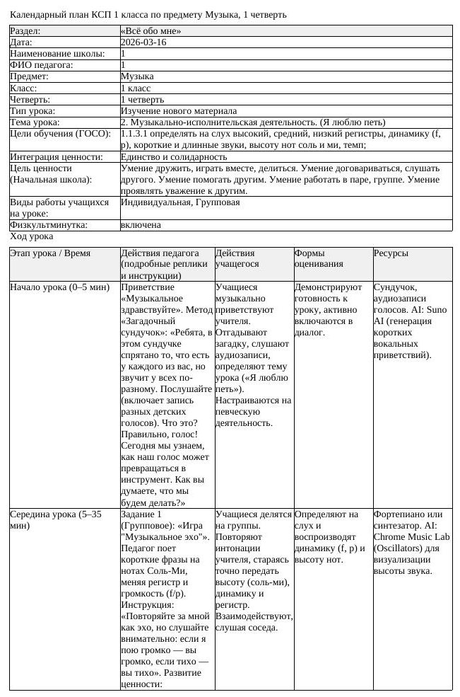 КСП Музыка 1 класс 1 четверть 2 Музыкально исполнительская деятельность