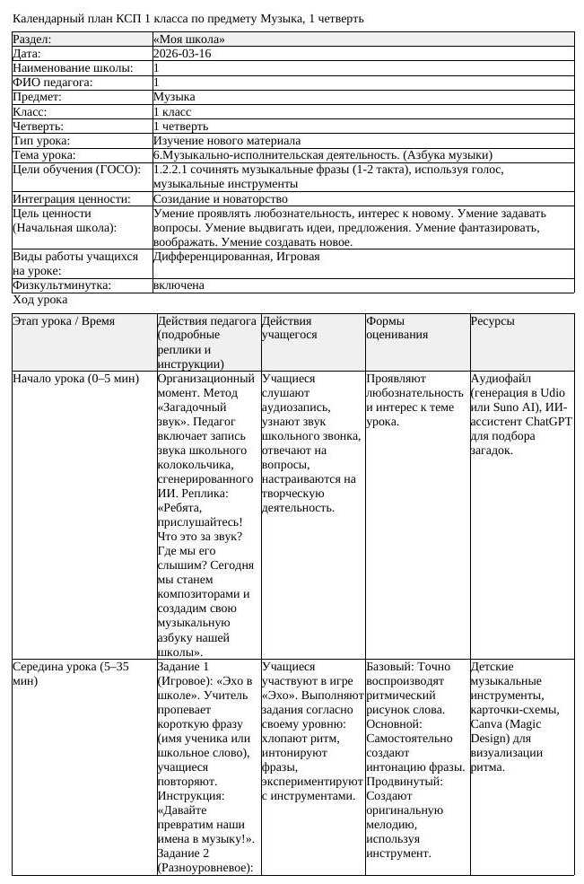 КСП Музыка 1 класс 1 четверть 6 Музыкально исполнительская деятельность