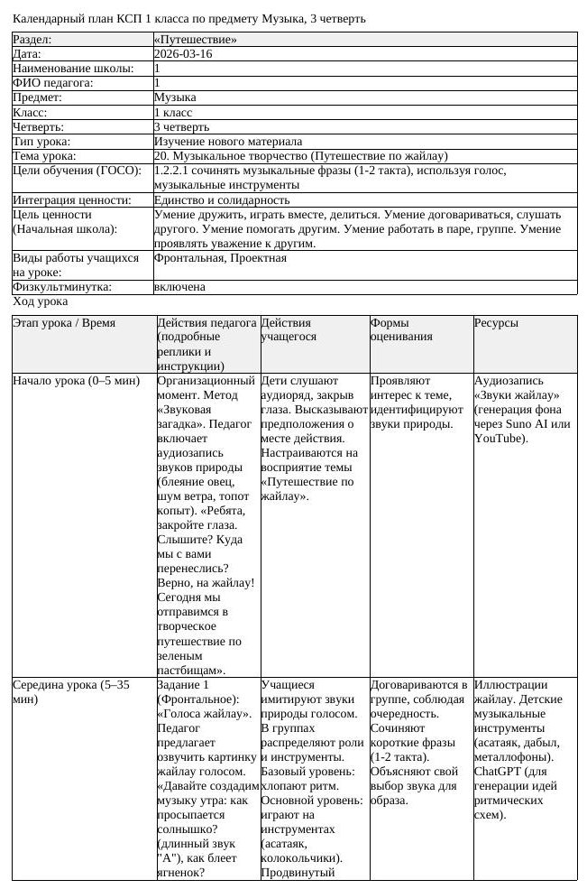 КСП Музыка 1 класс 3 четверть 20 Музыкальное творчество Путешествие