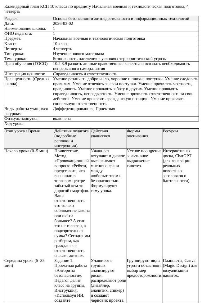 КСП Начальная военная и технологическая подготовка 10 класс 4 четверть (урок 7)