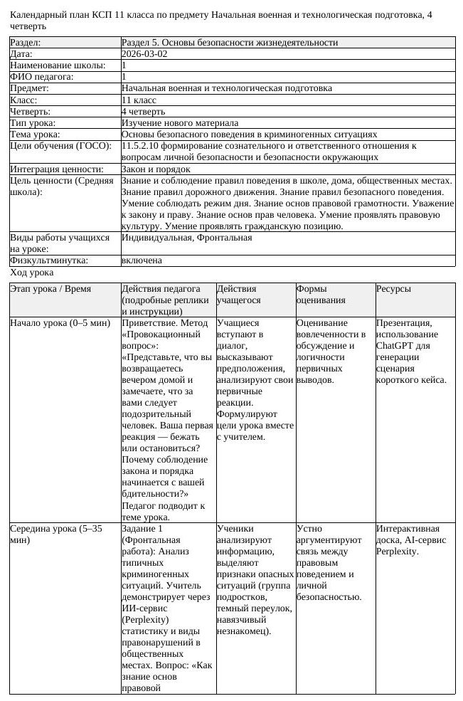 КСП Начальная военная и технологическая подготовка 11 класс 4 четверть (урок 3)