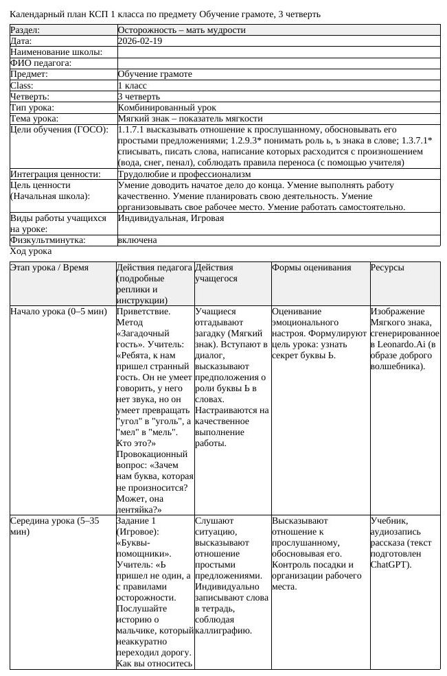 КСП Обучение грамоте 1 класс 3 четверть Мягкий знак показатель мягкости