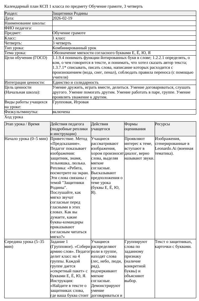 КСП Обучение грамоте 1 класс 3 четверть Обозначение мягкости согласного